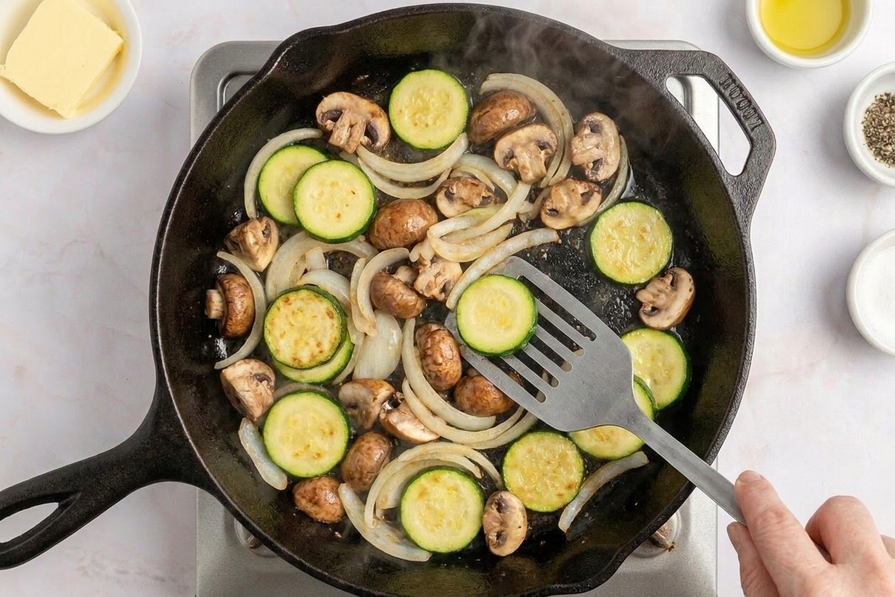 Sliced zucchini, onions, and mushrooms sautéing in a skillet with light browning and a glossy finish
