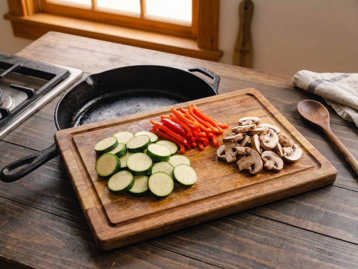 Sliced zucchini, red bell pepper strips, and sliced mushrooms prepped on a cutting board beside a skillet