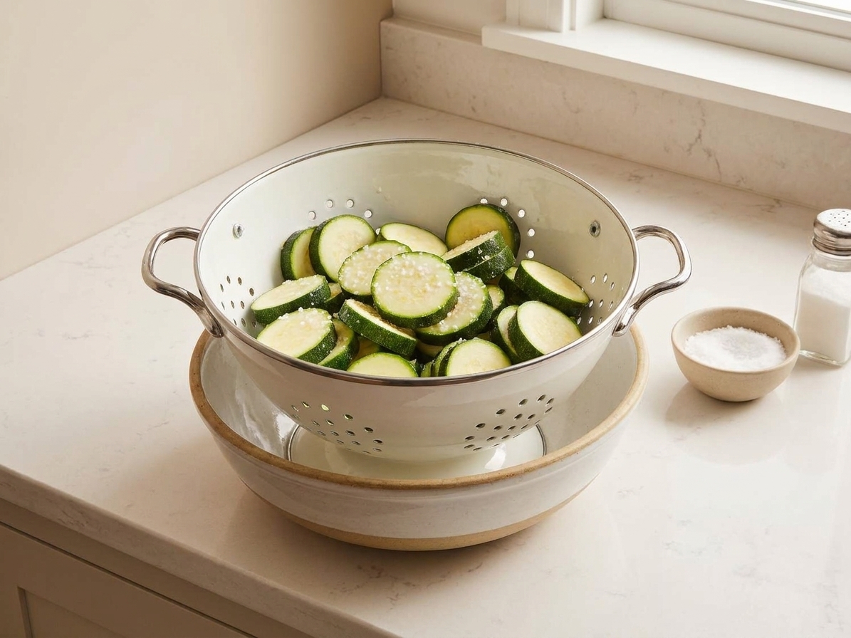 Sliced zucchini rounds sitting in a colander over a bowl, lightly sprinkled with salt on a kitchen counter, ready to drain