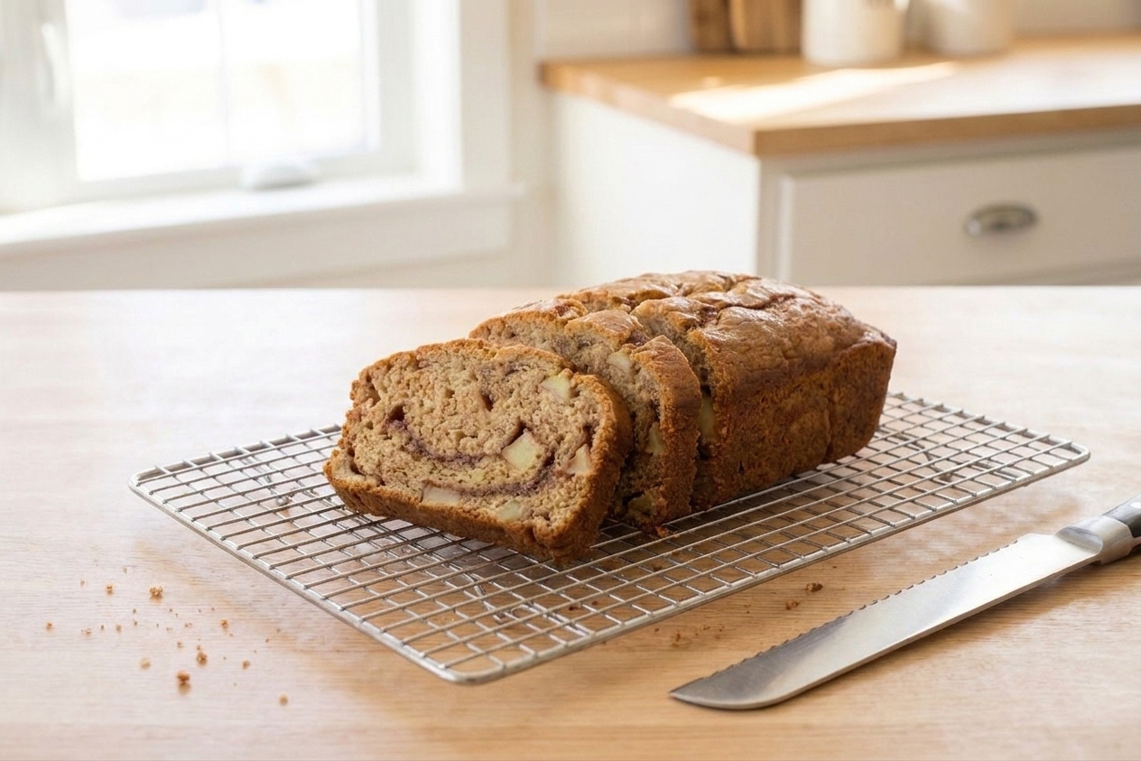 Slices of applesauce bread resting on a wire cooling rack on a kitchen counter