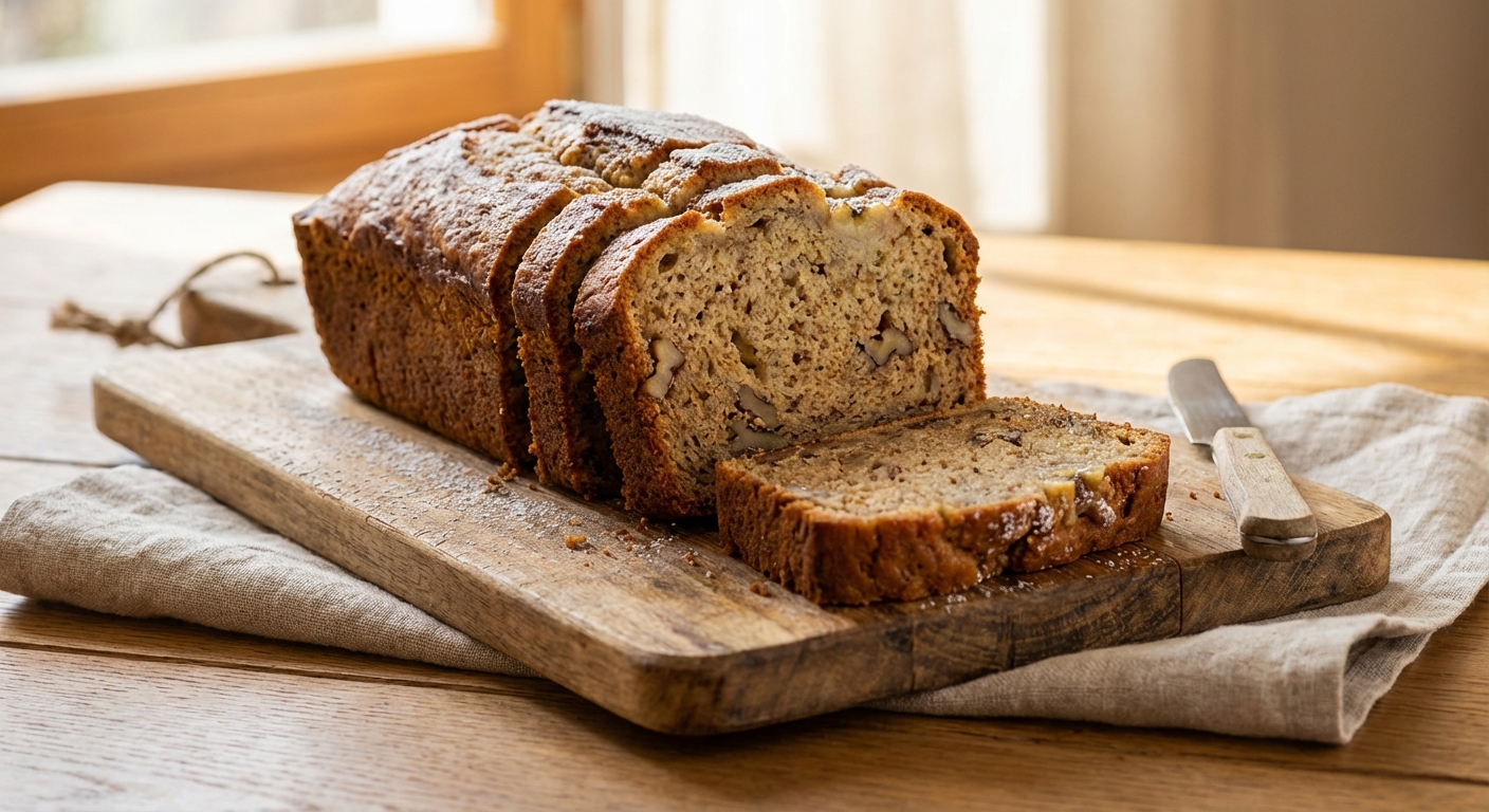 Slices of banana bread on a wooden board
