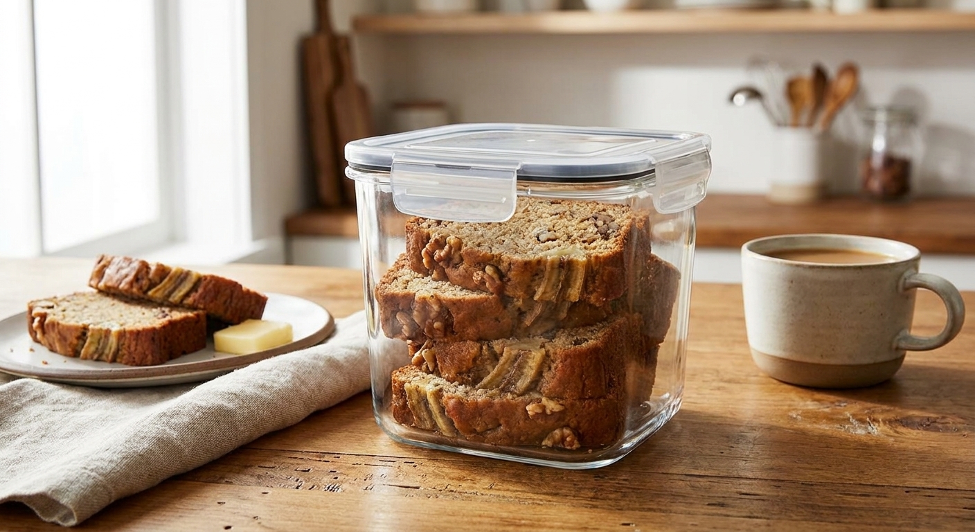 Slices of banana bread stacked inside a clear airtight container on a kitchen counter, real food photography