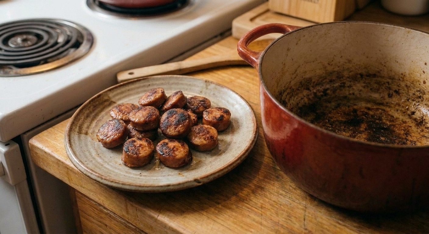 Slices of browned andouille sausage resting on a plate beside a Dutch oven on a warm-toned kitchen counter
