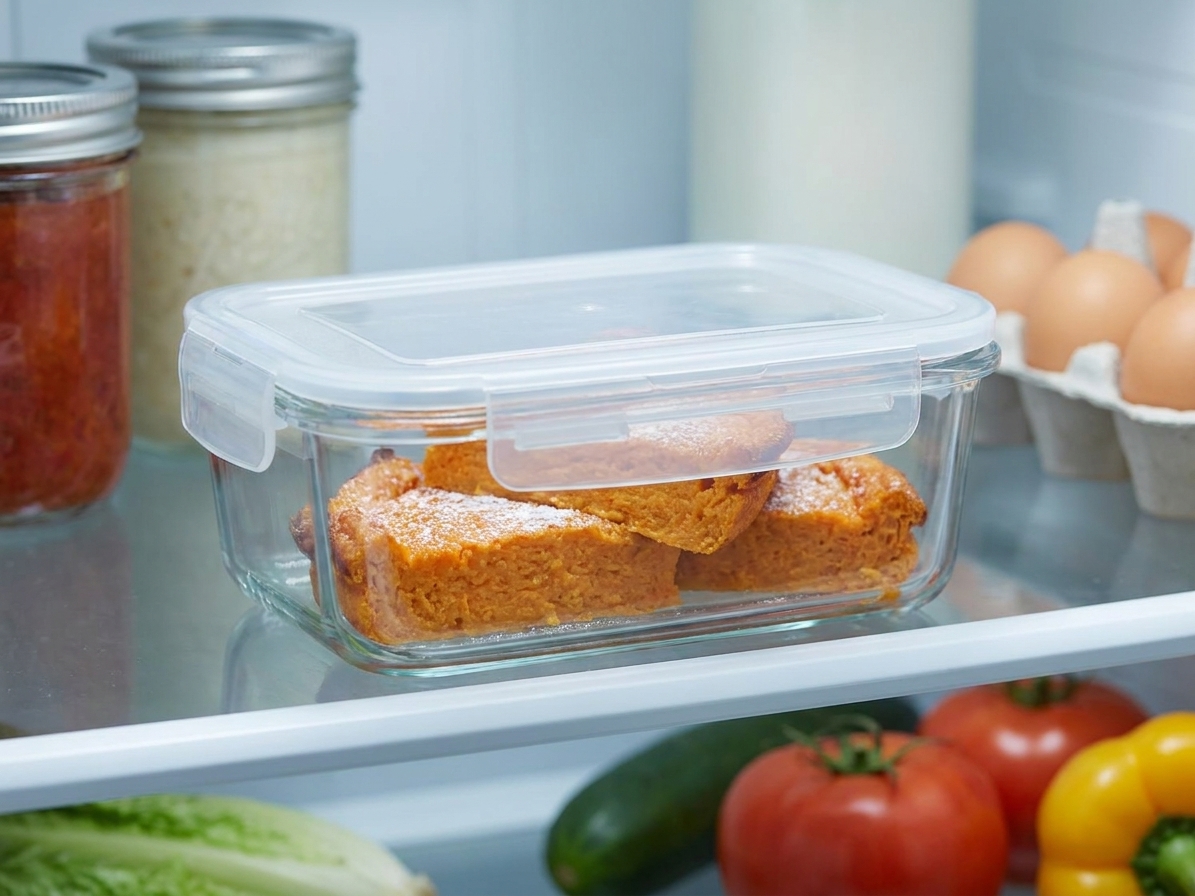 Slices of carrot soufflé stored in a clear airtight container on a refrigerator shelf, with consistent home kitchen lighting