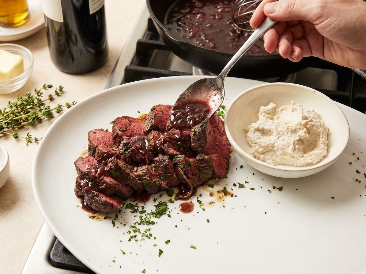 Slices of chateaubriand plated with red wine pan sauce spooned over the top.