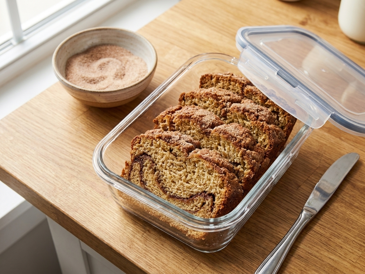 Slices of cinnamon friendship bread arranged in an airtight container on a kitchen counter
