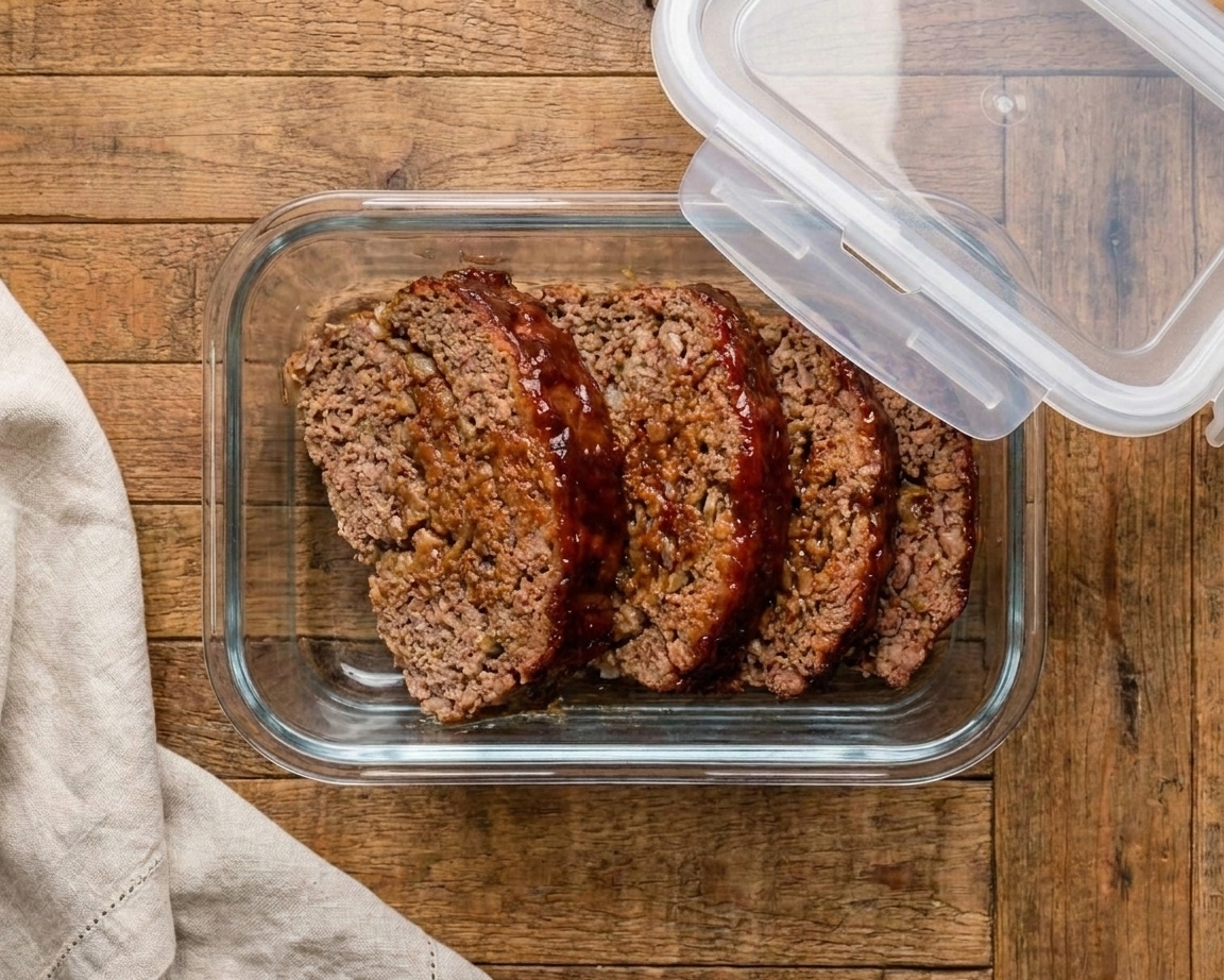 Slices of cooked meatloaf arranged in a glass meal prep container with a snap-on lid on a kitchen counter