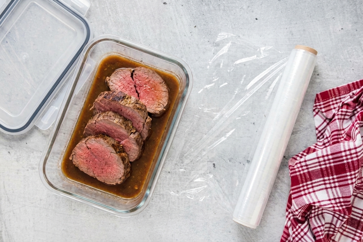 Slices of cooked tenderloin roast stored in a glass container with a little pan sauce, set on a kitchen counter next to plastic wrap