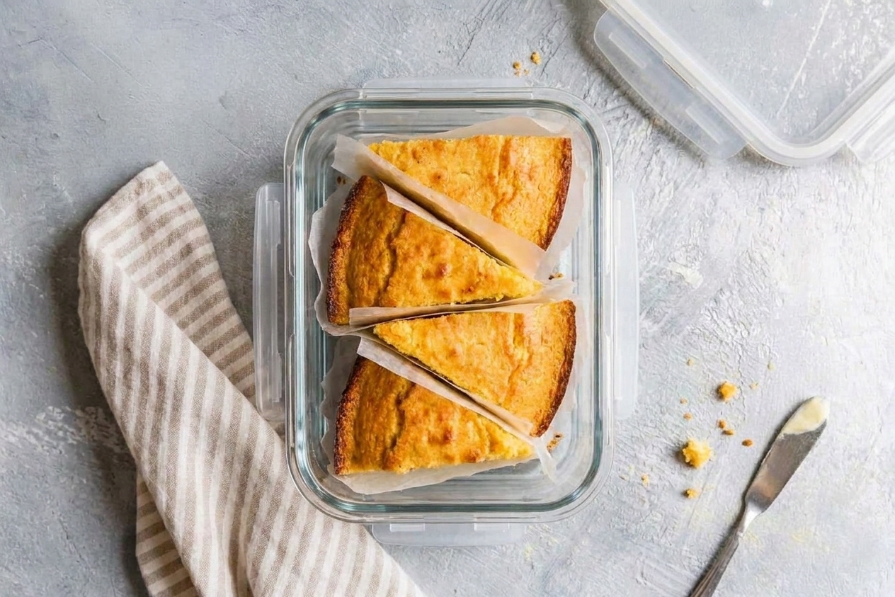 Slices of cornbread wrapped and placed in an airtight container on a kitchen counter, ready for storage
