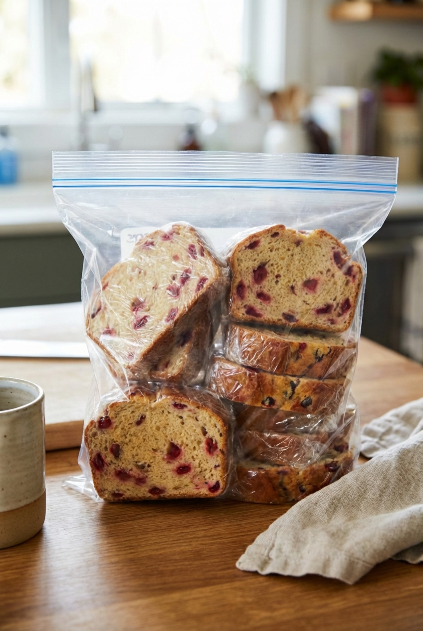 Slices of cranberry bread wrapped individually and placed in a freezer bag on a countertop