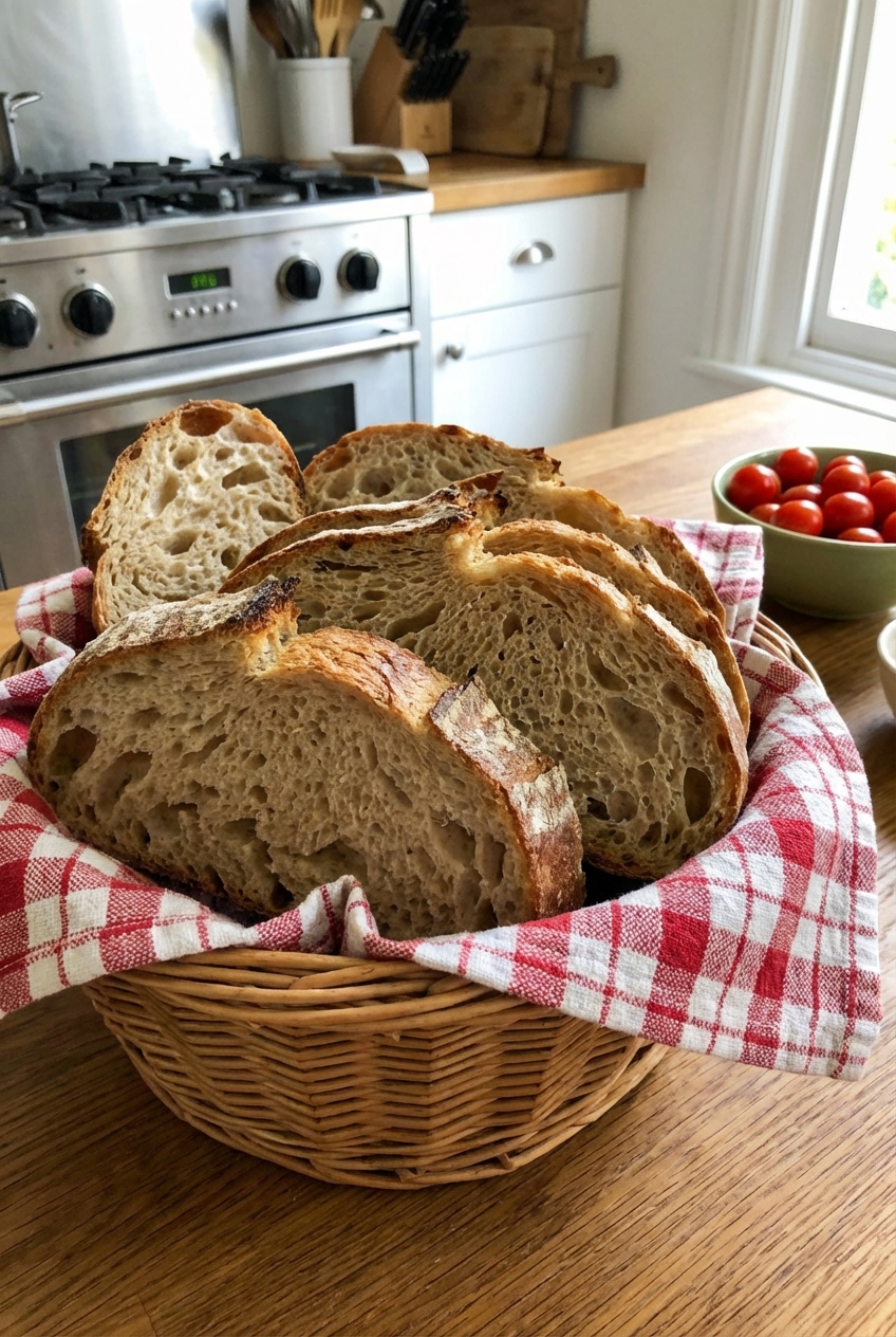 Slices of crusty bread in a basket lined with a kitchen towel