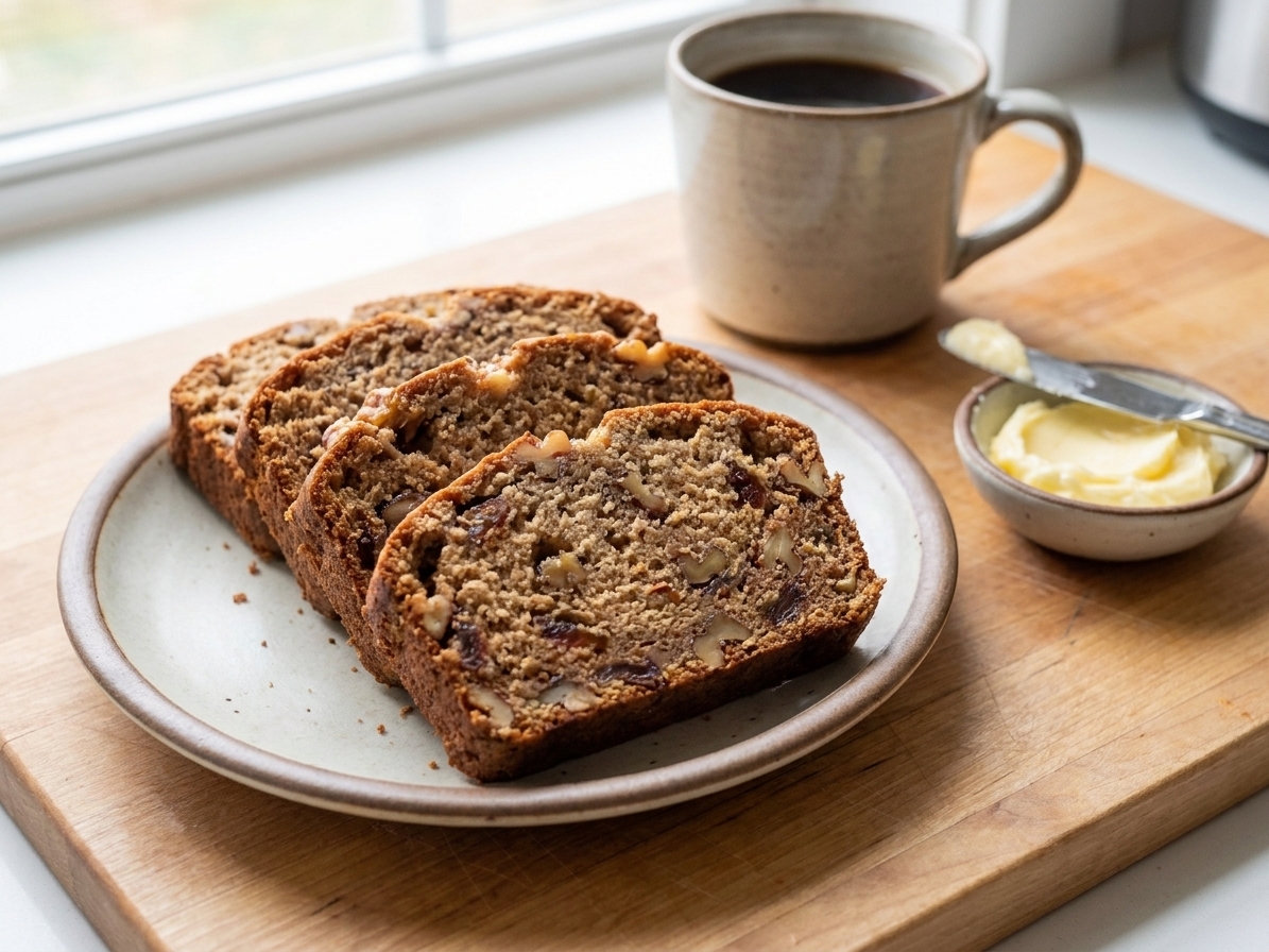 Slices of date nut bread on a plate with softened butter and a mug of coffee nearby