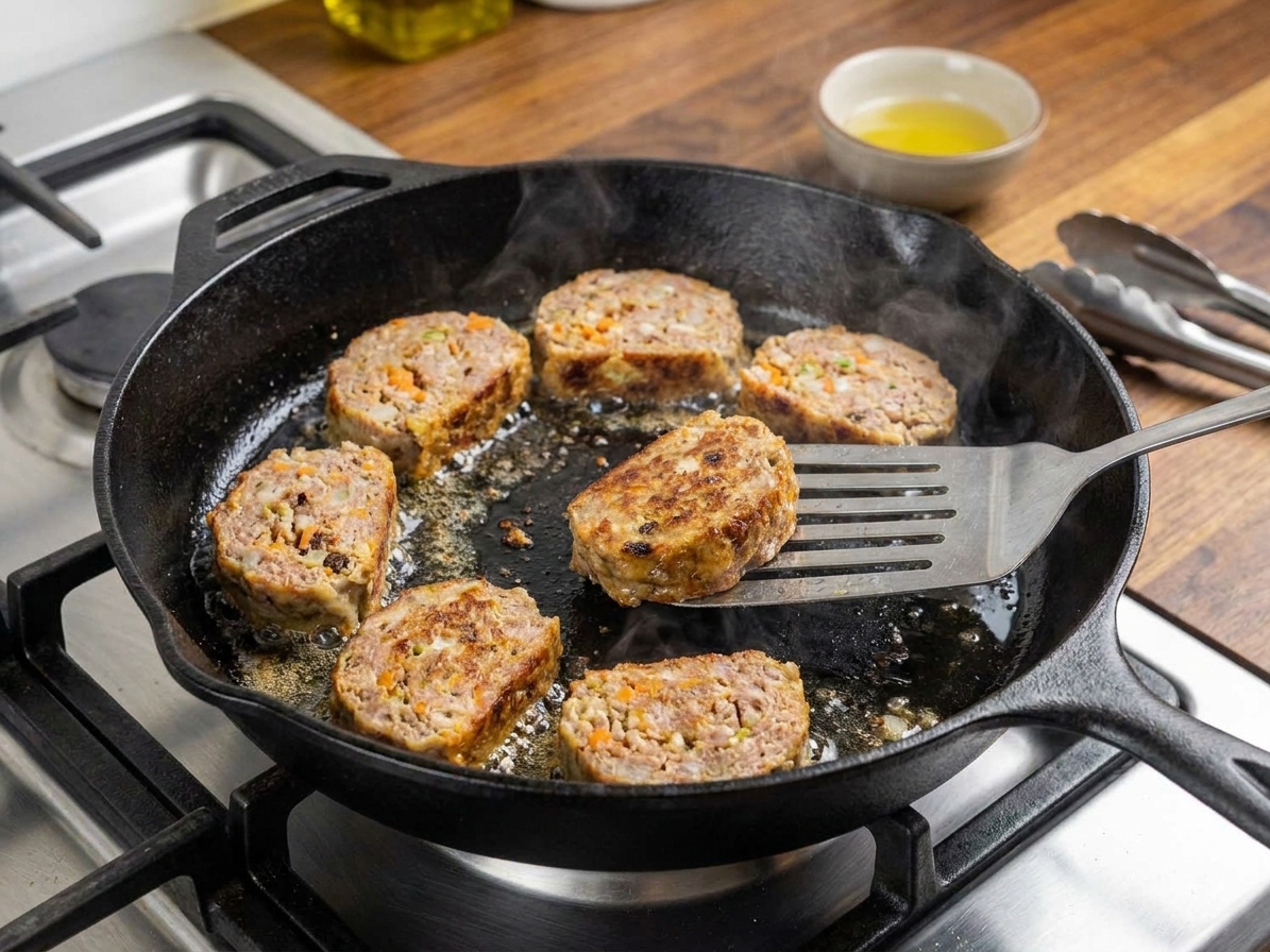 Slices of embutido browning in a black skillet on a stovetop, with golden crisp edges forming