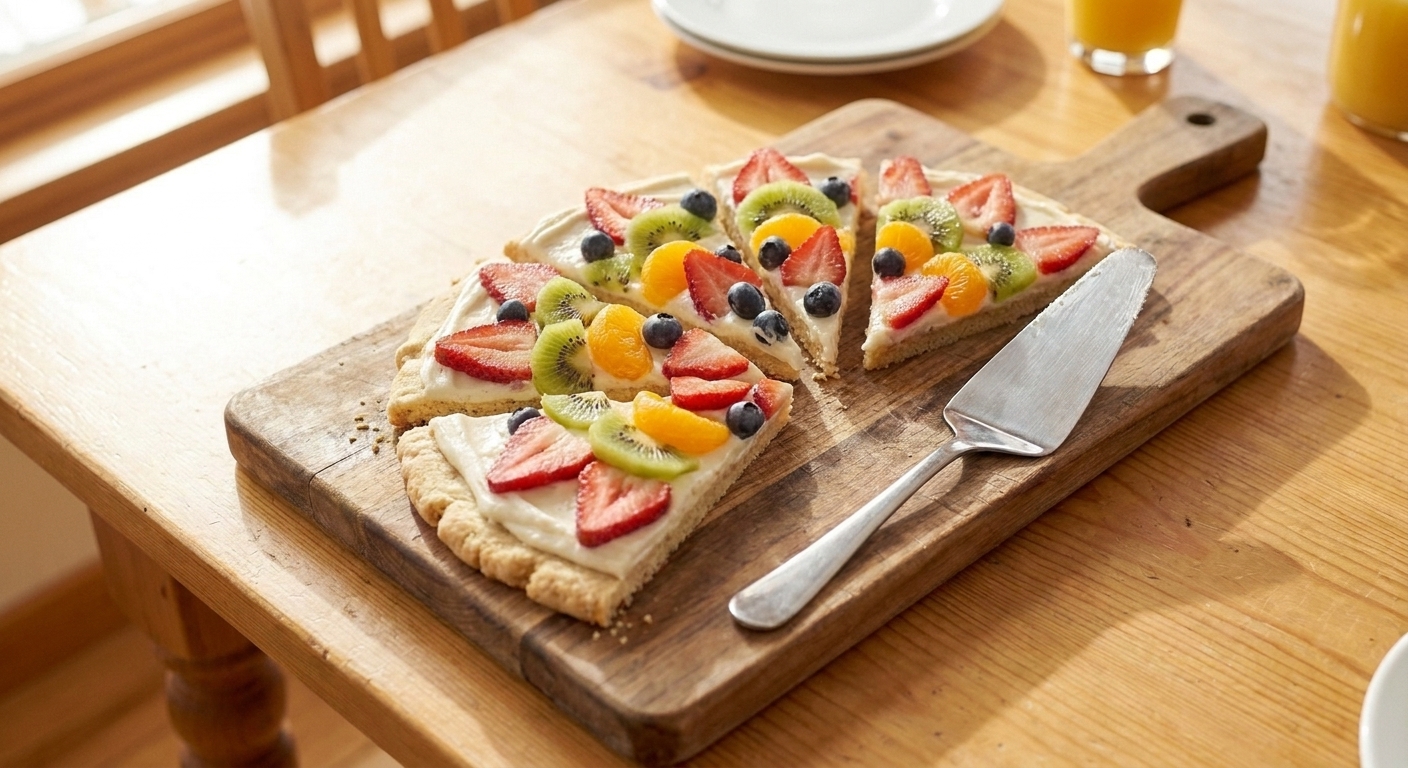 Slices of fruit dessert pizza on a wooden board with a serving spatula, set on a bright dining table