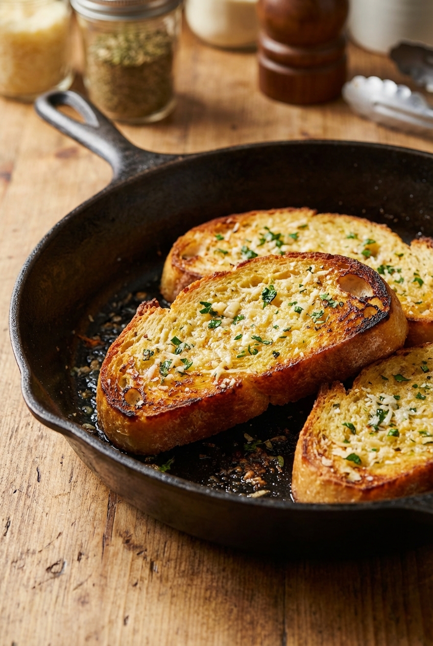 Slices of garlic bread in a cast iron skillet with golden toasted edges