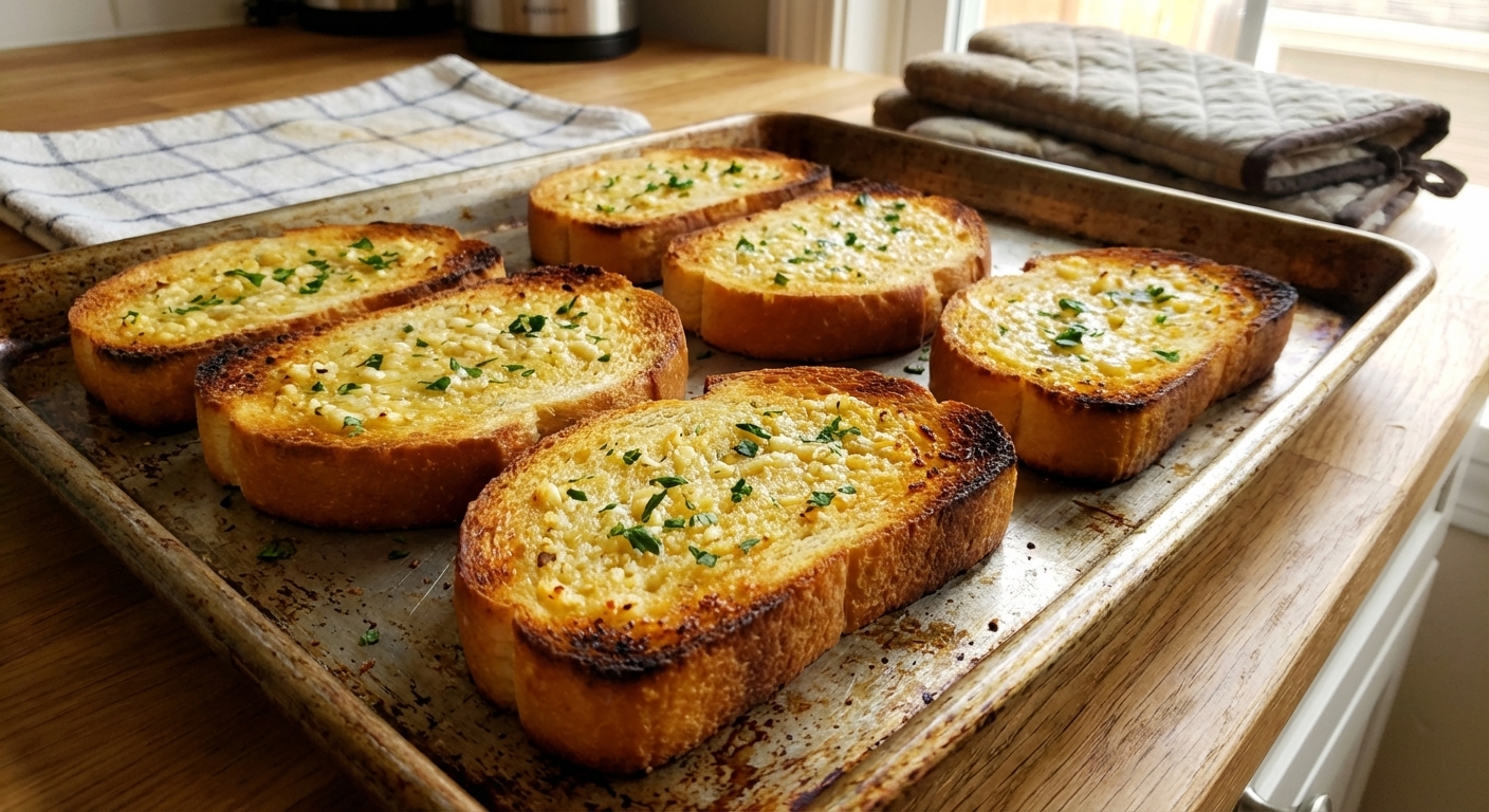 Slices of garlic bread on a baking sheet with golden edges
