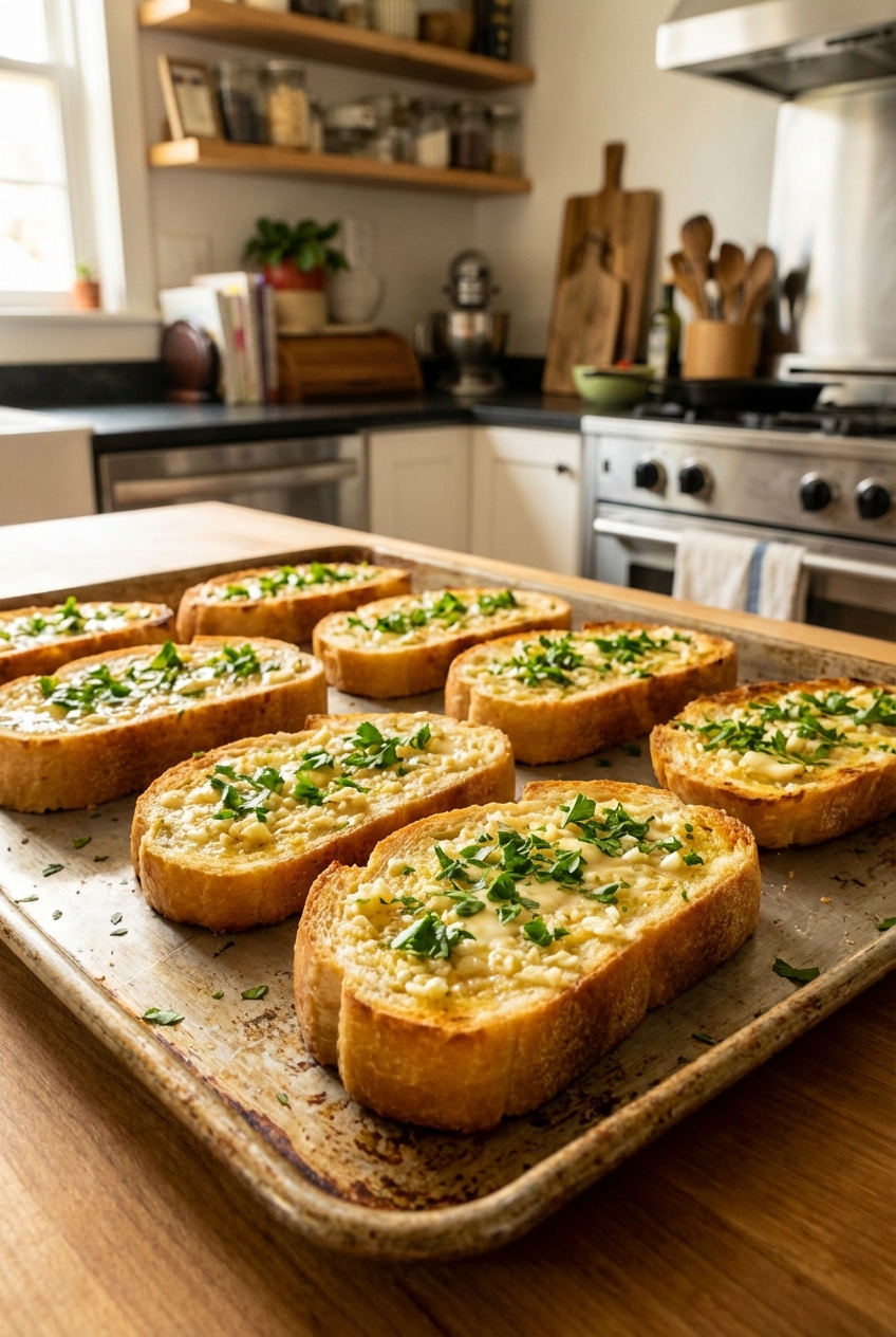 Slices of garlic bread on a sheet pan with chopped parsley