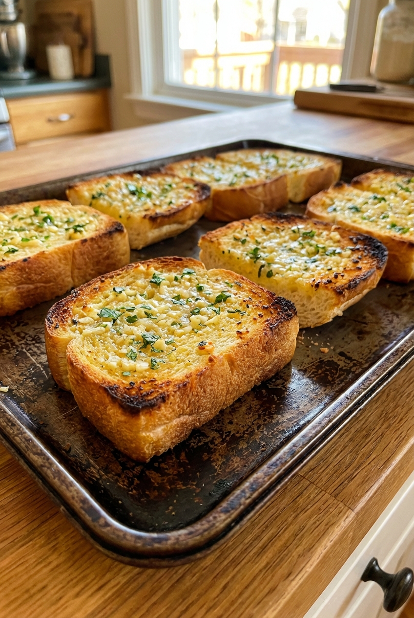Slices of garlic bread with golden toasted edges on a baking tray