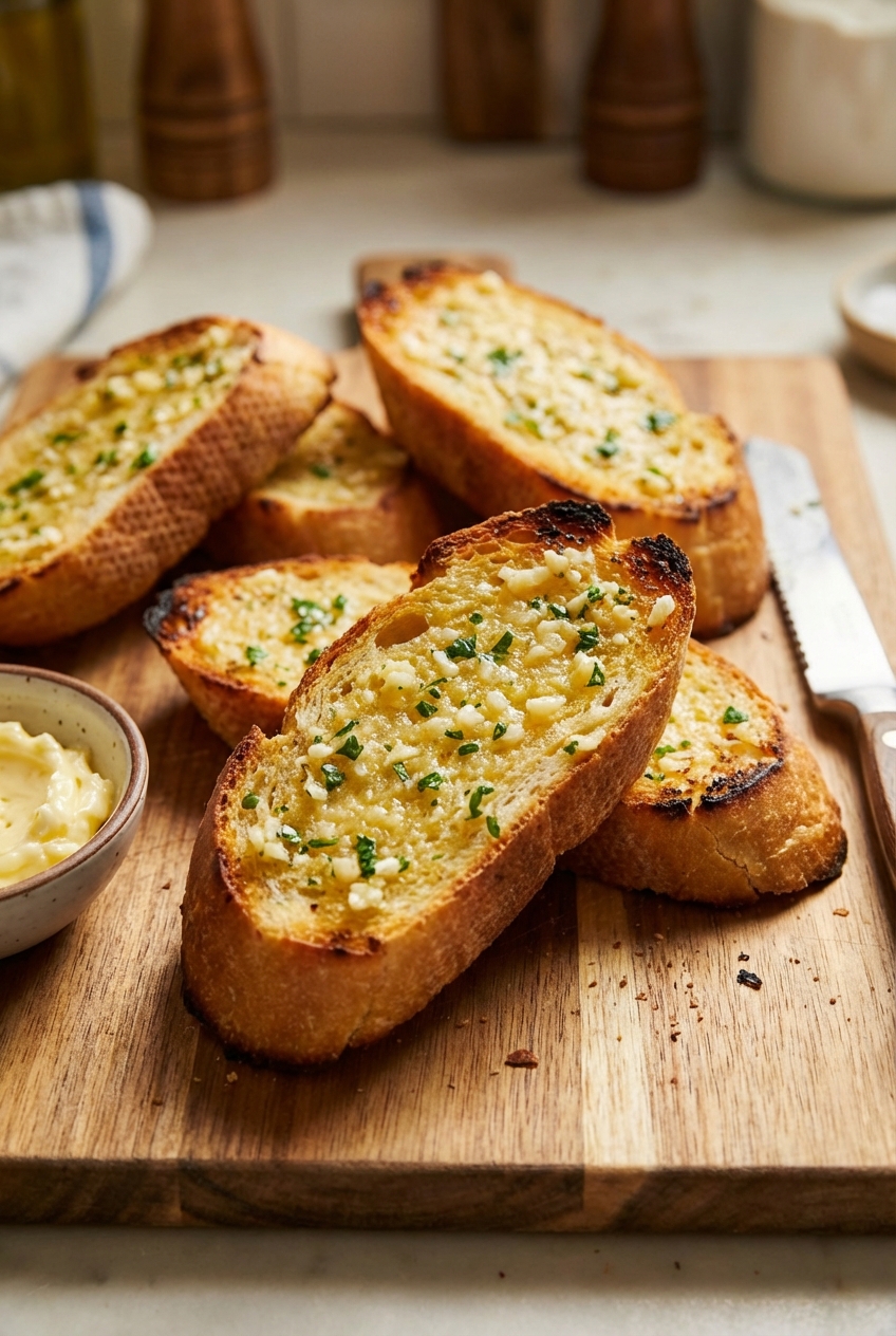Slices of garlic butter bread toasted until golden