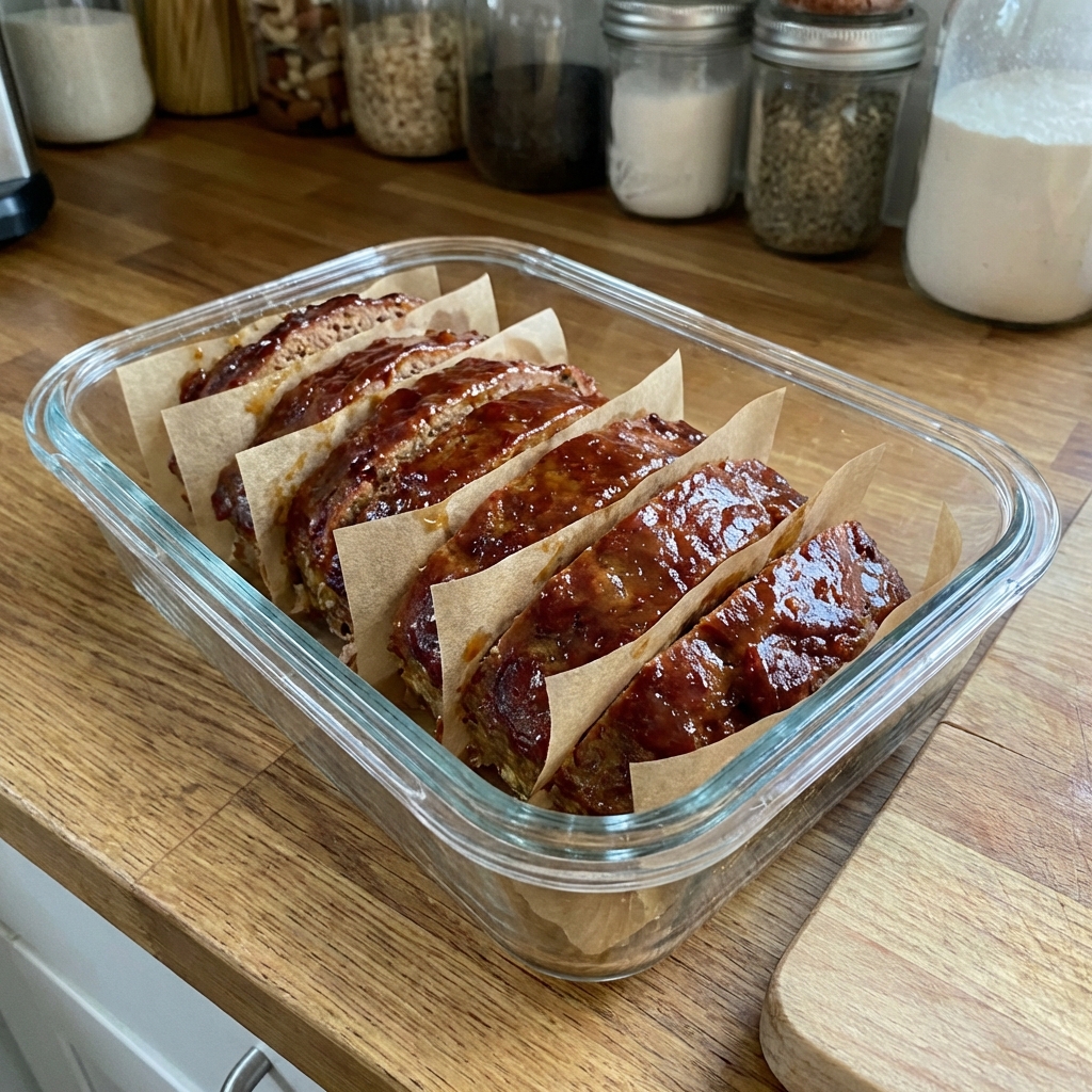 Slices of glazed meatloaf stored in a glass container with parchment between layers