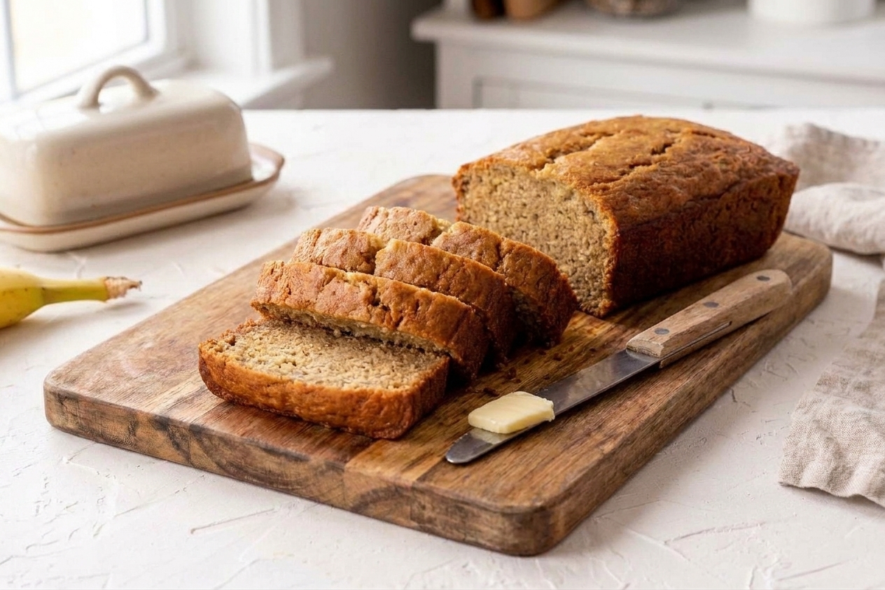 Slices of gluten free banana loaf arranged on a cutting board with a butter knife nearby on a kitchen counter