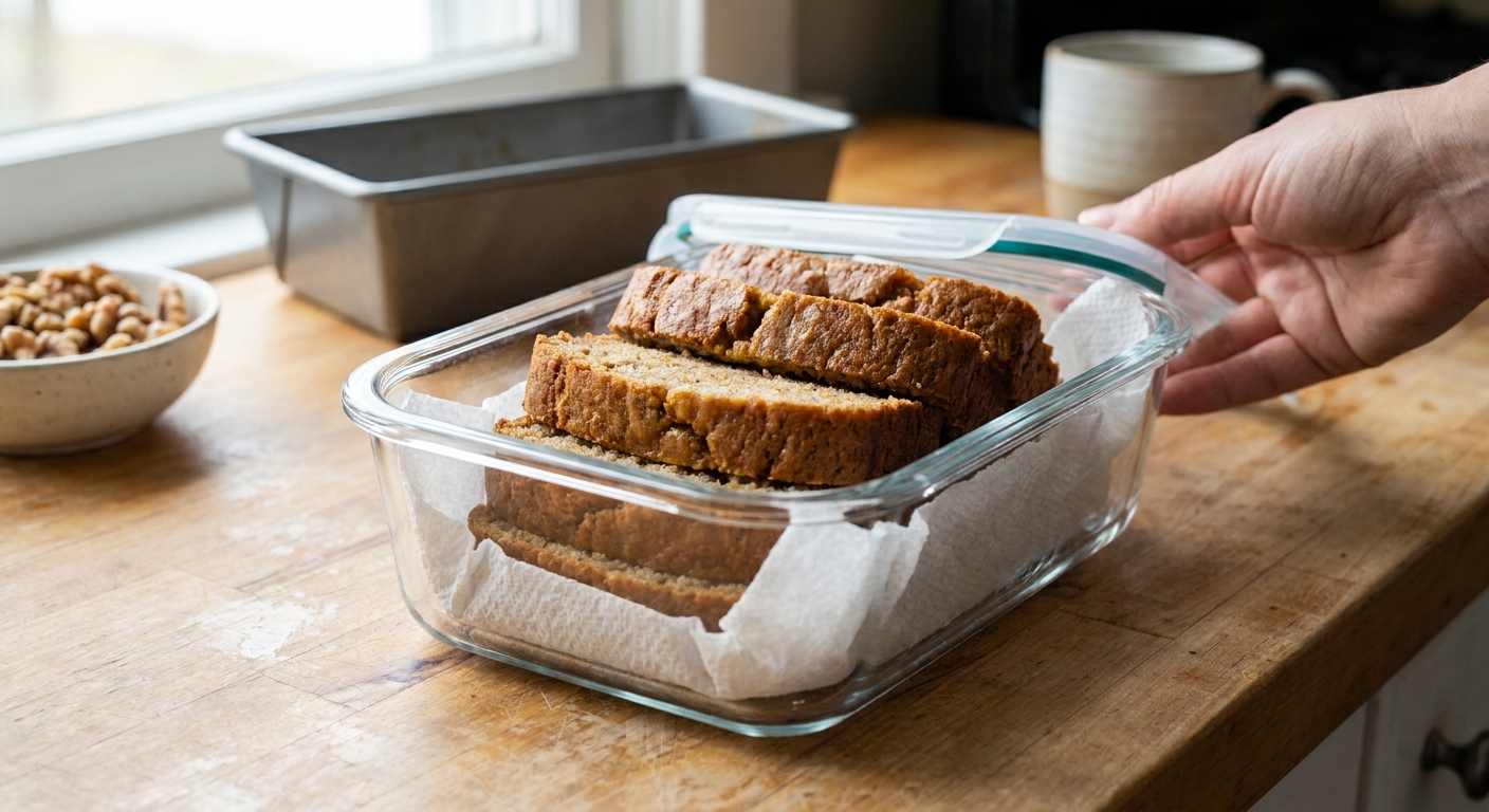 Slices of gluten free banana loaf stacked in an airtight container lined with a paper towel on a kitchen counter