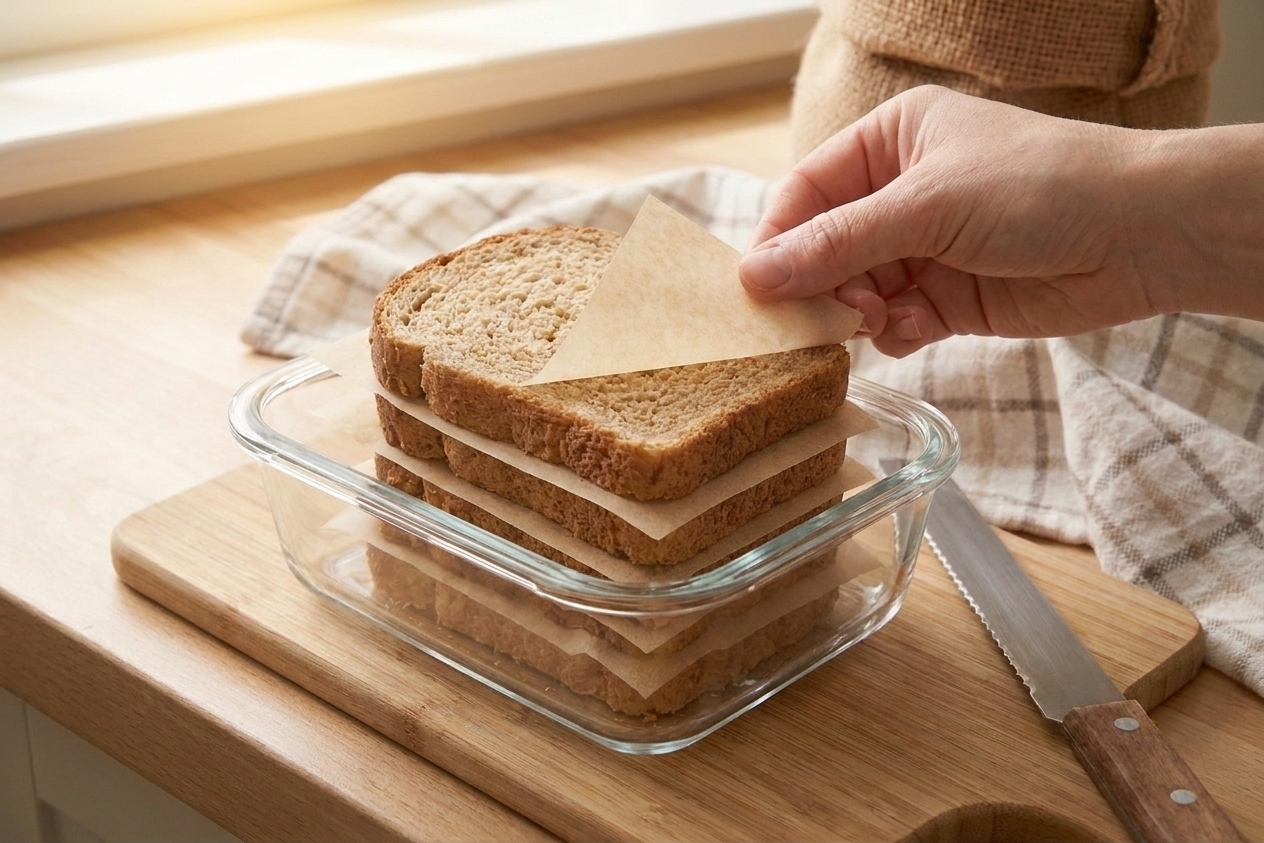 Slices of hearty bread stacked with parchment paper between layers, ready to be frozen for easy toast-from-frozen mornings