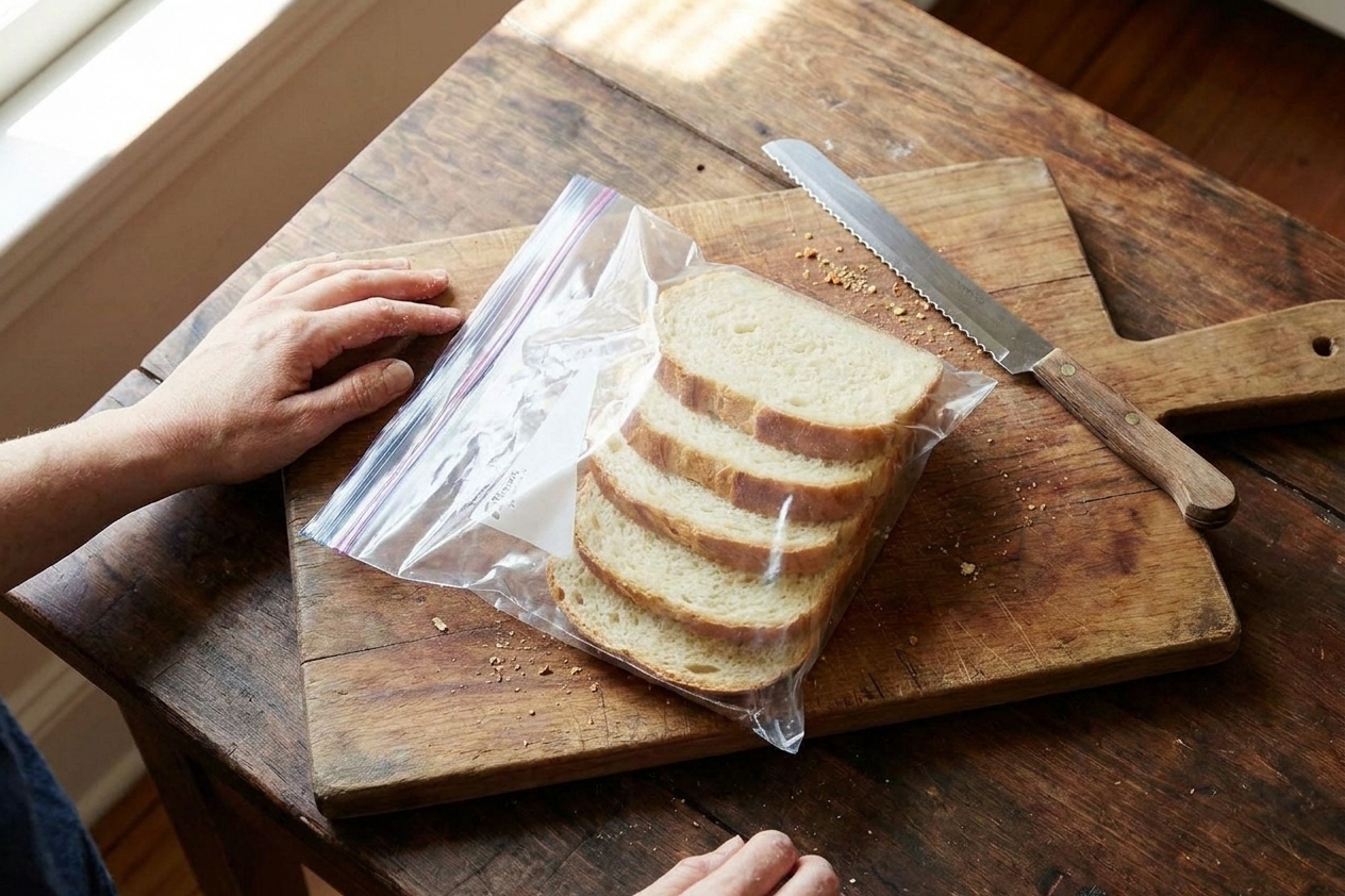 Slices of homemade bread stacked inside a clear freezer bag on a kitchen counter, ready for freezing