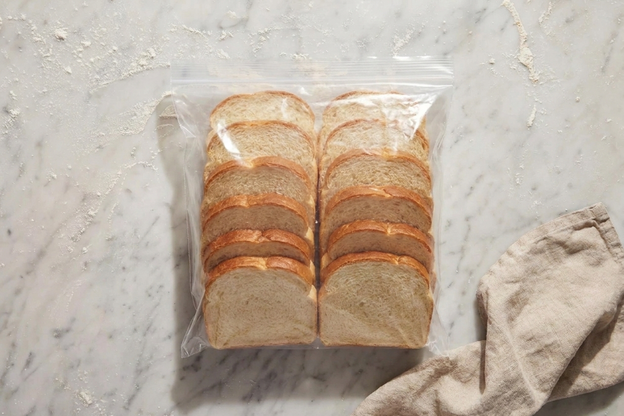 Slices of homemade white bread stacked inside a clear freezer bag on a kitchen counter, ready for freezing