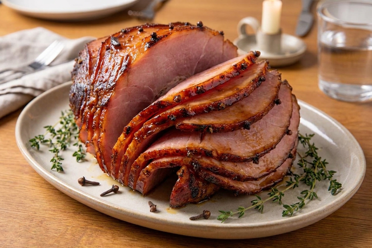 Slices of honey glazed ham fanned on a serving platter with a glossy caramelized surface on a dining table
