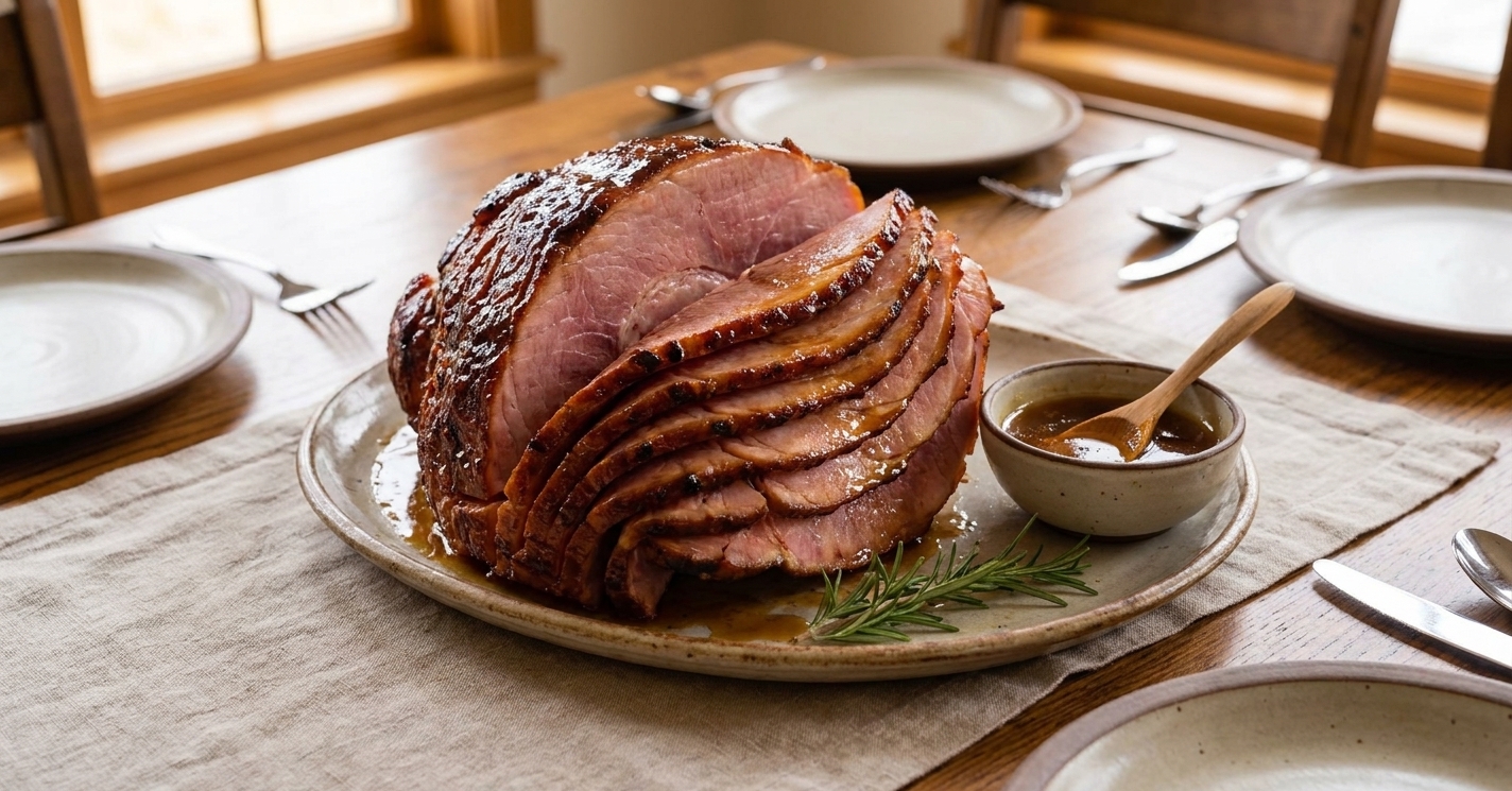 Slices of honey glazed ham fanned on a serving platter with a small bowl of extra glaze on the side, set on a dining table