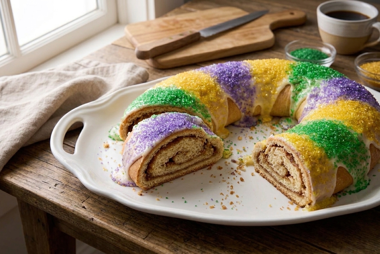 Slices of king cake on a serving platter with visible cinnamon swirl and colorful sugar topping on a dining table