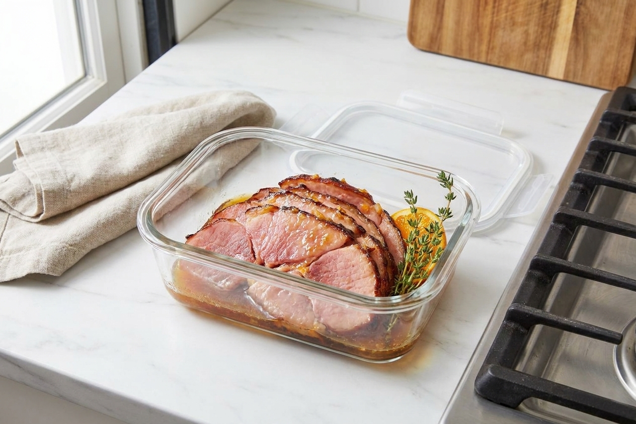 Slices of leftover glazed ham packed in a glass meal prep container with a little pan juice at the bottom on a kitchen counter