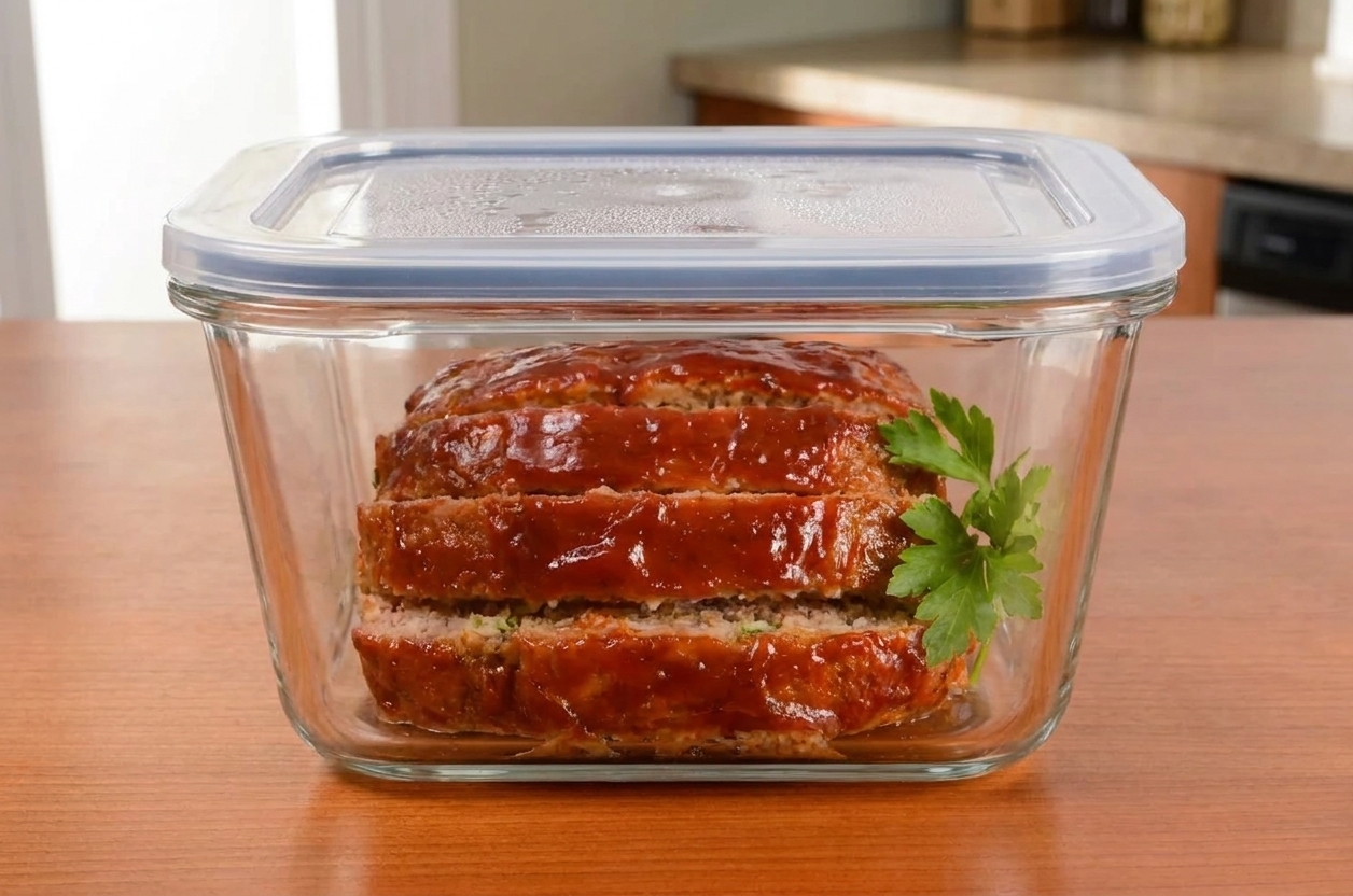 Slices of leftover meatloaf stacked in a glass meal prep container with a tight-fitting lid on a kitchen counter
