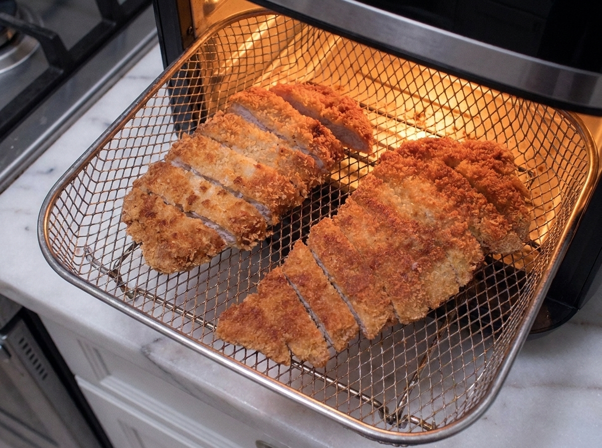 Slices of leftover pork katsu reheating in an air fryer basket, turning crisp again under warm kitchen lighting