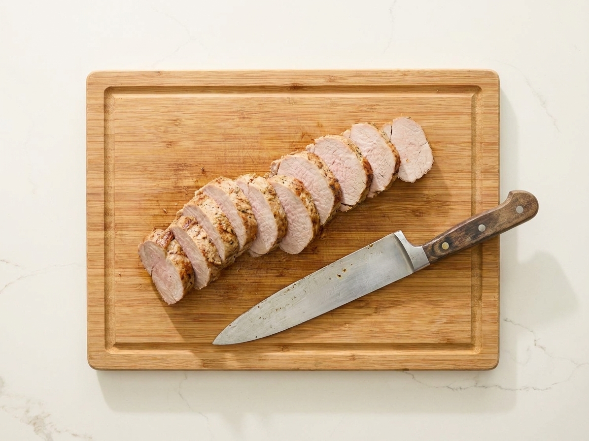 Slices of leftover pork tenderloin on a cutting board next to a chef's knife in a bright home kitchen