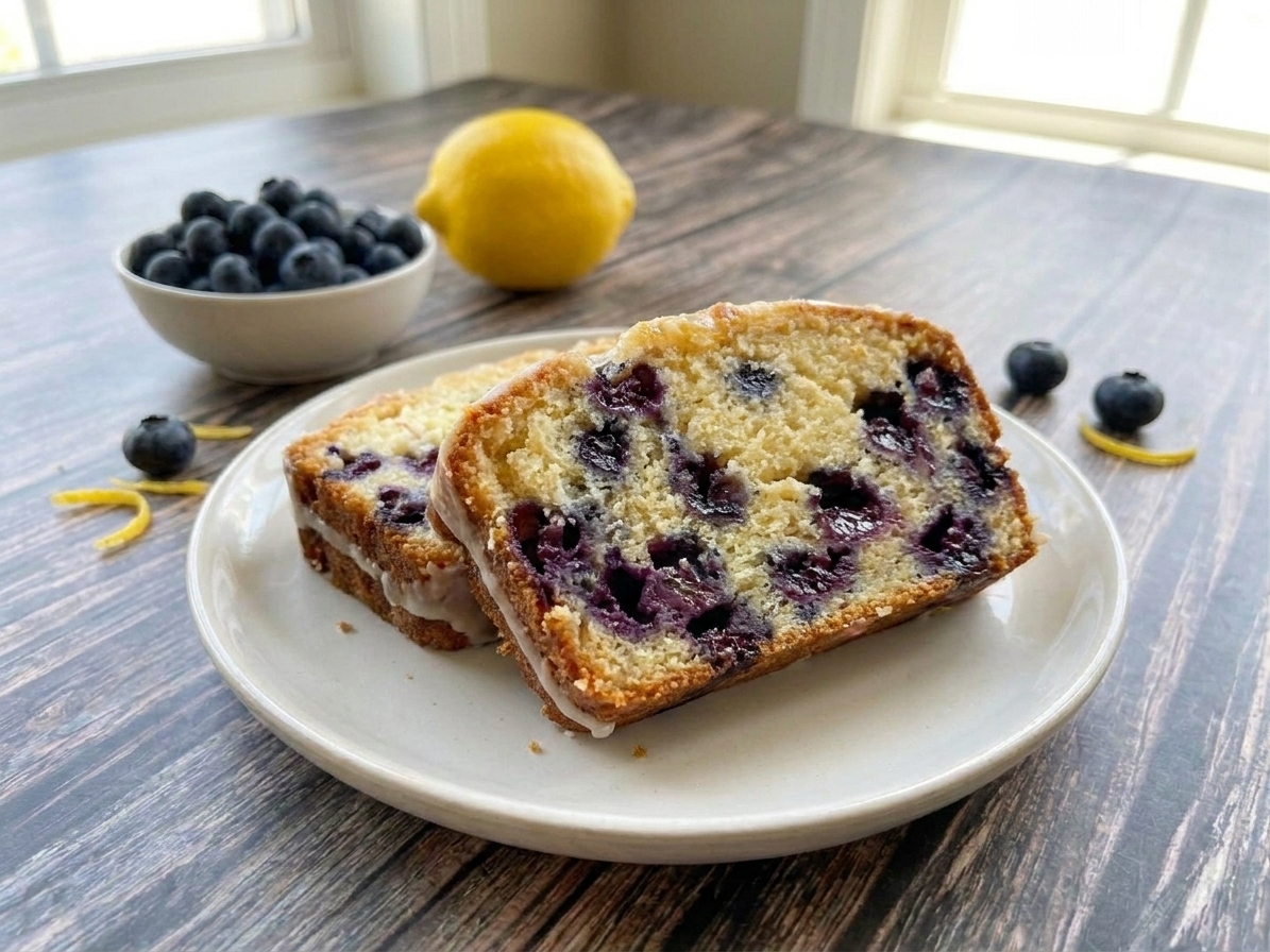 Slices of lemon blueberry loaf cake with lemon glaze on a plate, showing a tender crumb with blueberries throughout