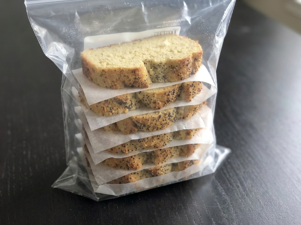 Slices of low carb bread stacked with parchment paper in a freezer bag on a kitchen counter