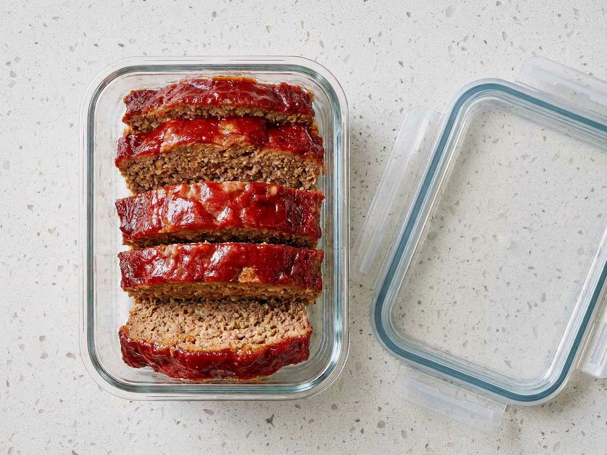 Slices of meatloaf stacked in a glass airtight container ready for the refrigerator