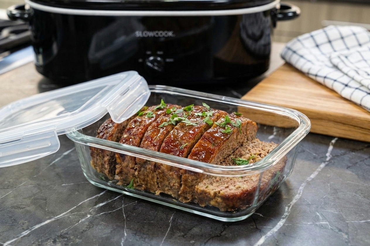 Slices of meatloaf stacked in a meal prep container with a lid