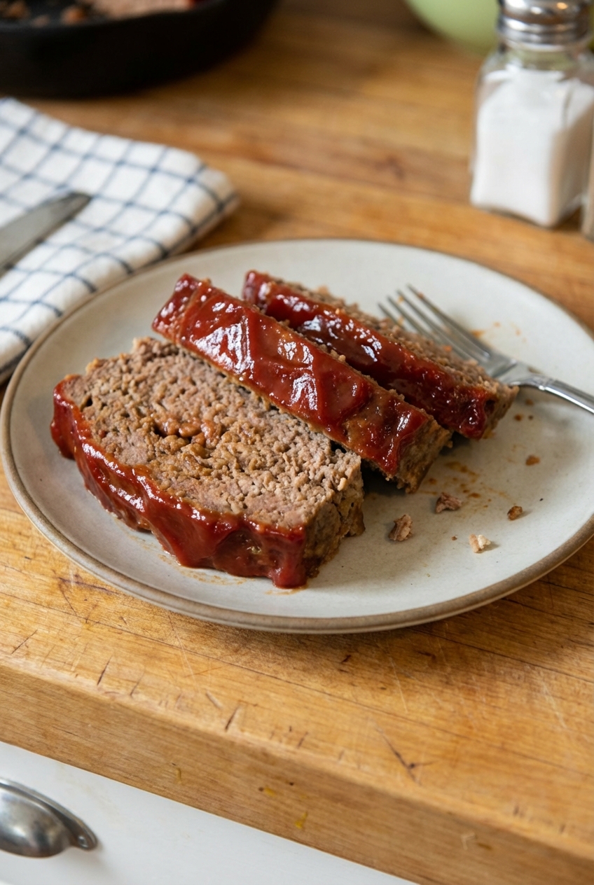 Slices of meatloaf with ketchup glaze on a plate