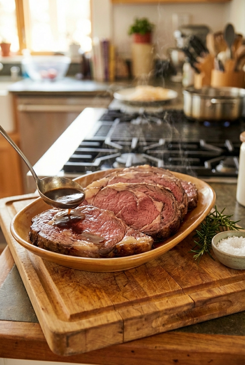 Slices of medium-rare prime rib fanned on a warm serving platter with a spoonful of jus