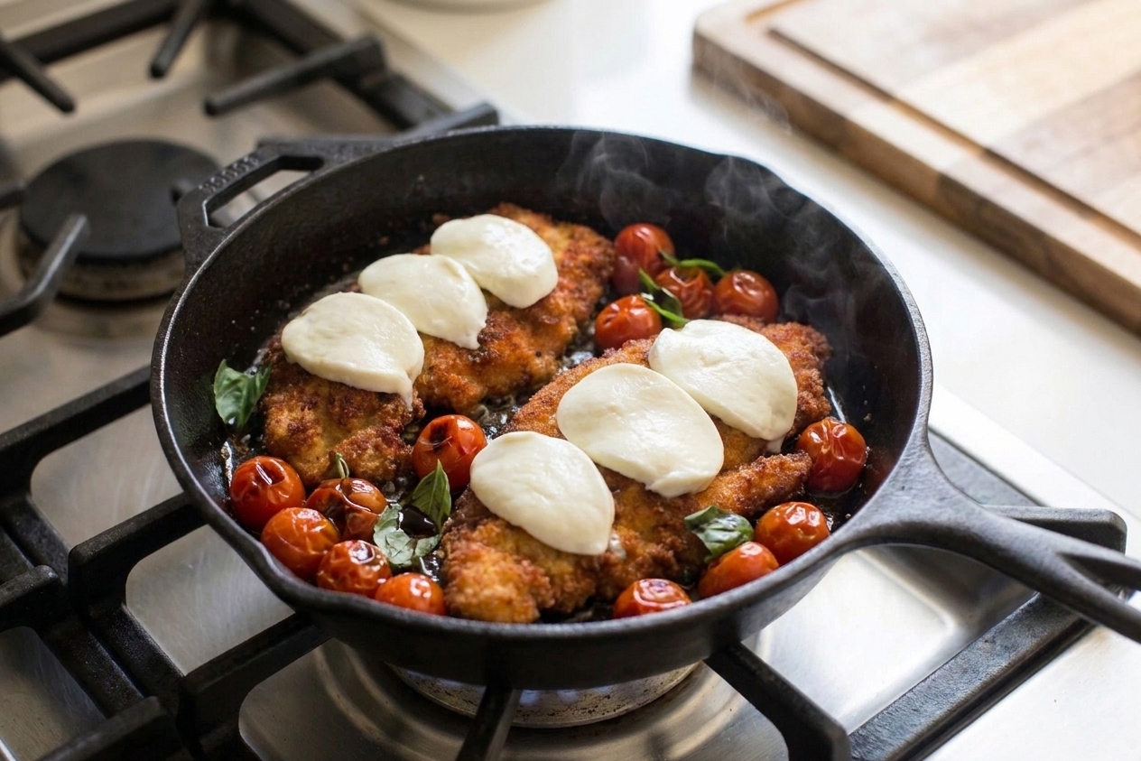 Slices of mozzarella placed on seared chicken cutlets in a skillet with blistered cherry tomatoes