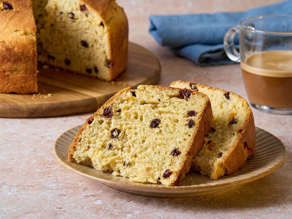 Slices of panettone showing an airy crumb dotted with dried fruit