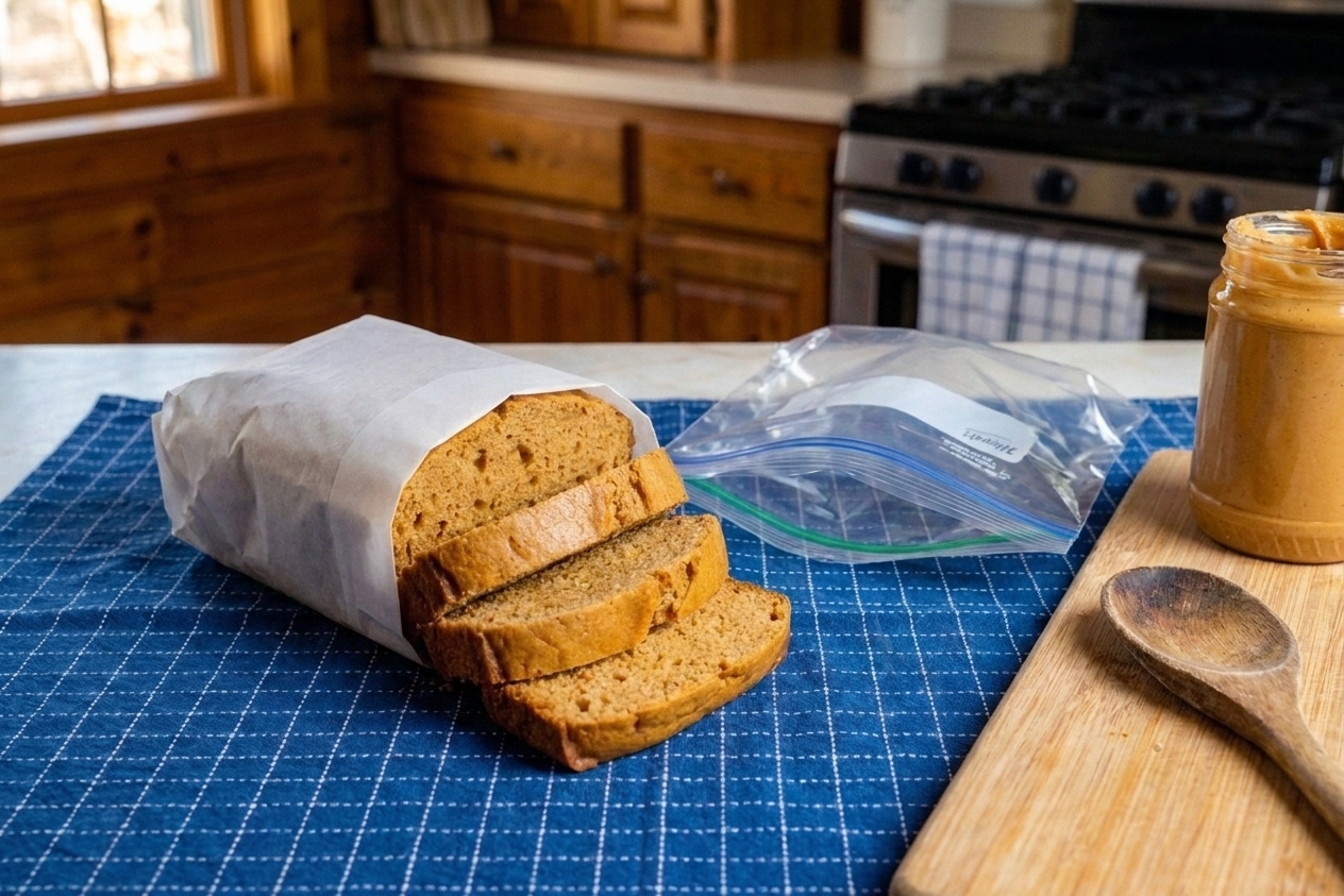 Slices of peanut butter bread stacked and wrapped in parchment paper next to a zip-top freezer bag on a kitchen counter