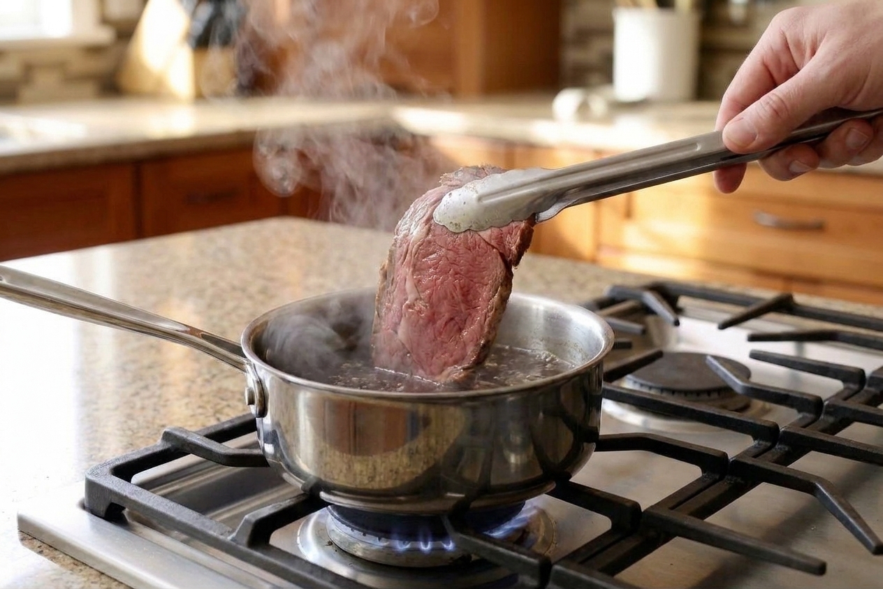 Slices of prime rib being dipped into a small saucepan of steaming au jus with tongs, close-up on the stovetop
