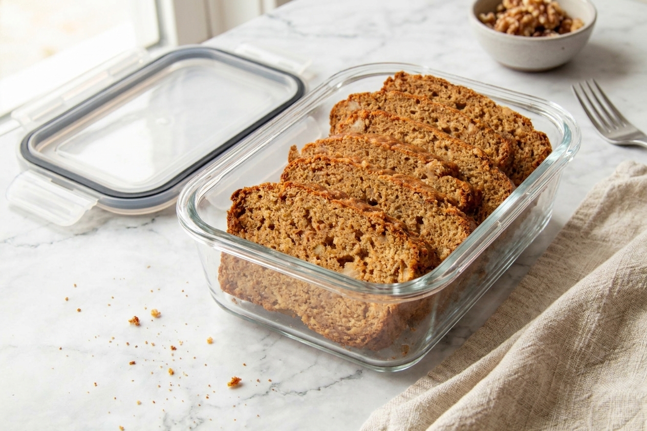Slices of protein banana bread stacked in an airtight container on a kitchen counter with a snap-on lid nearby