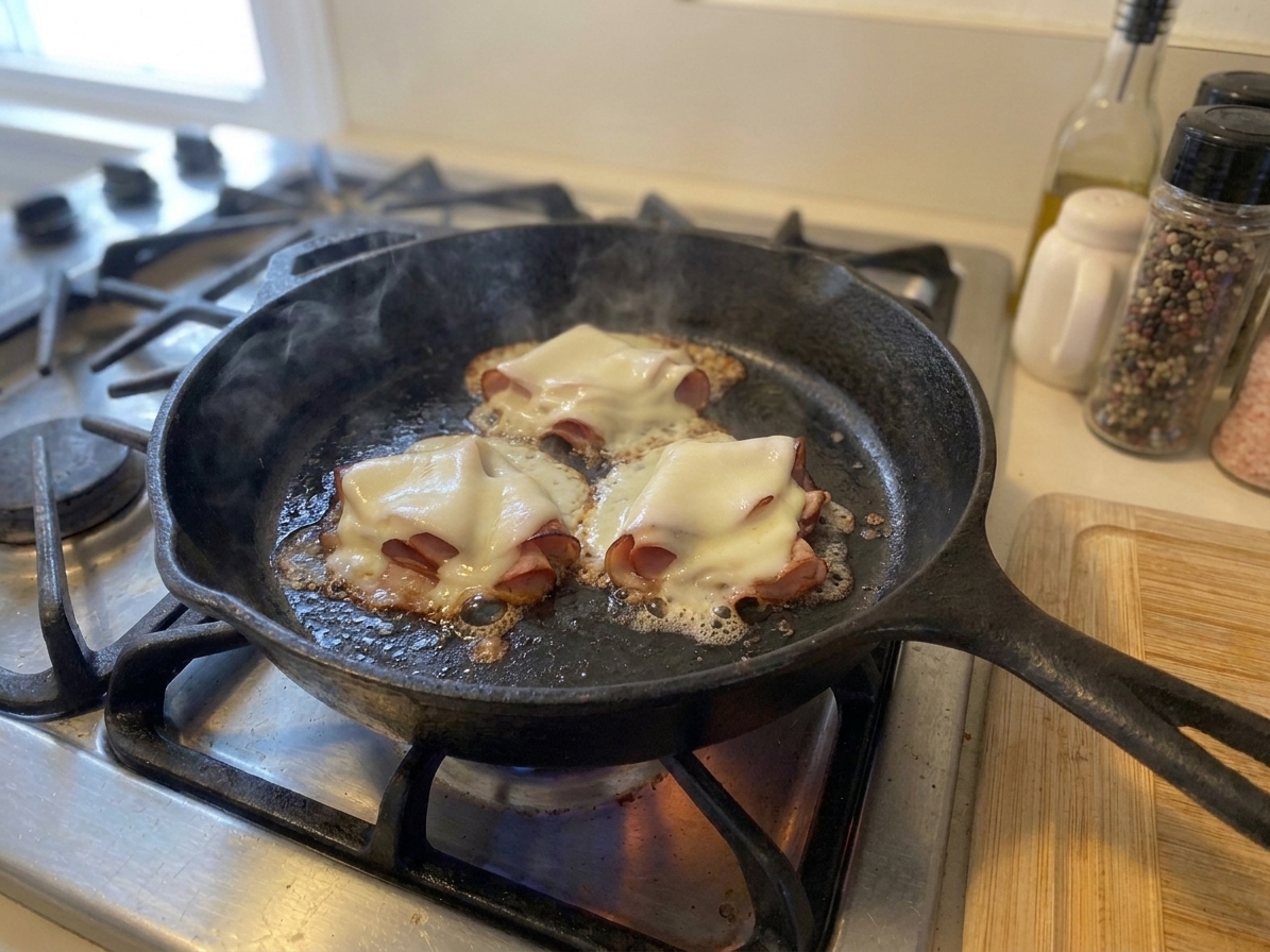 Slices of provolone melting over browned mortadella piles in a skillet as the cheese turns glossy and soft