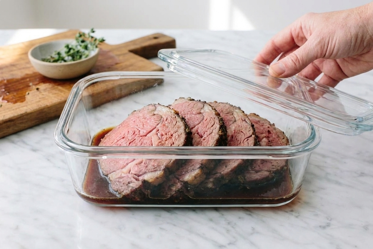 Slices of ribeye roast arranged in an airtight glass container with a little meat juice at the bottom on a kitchen counter