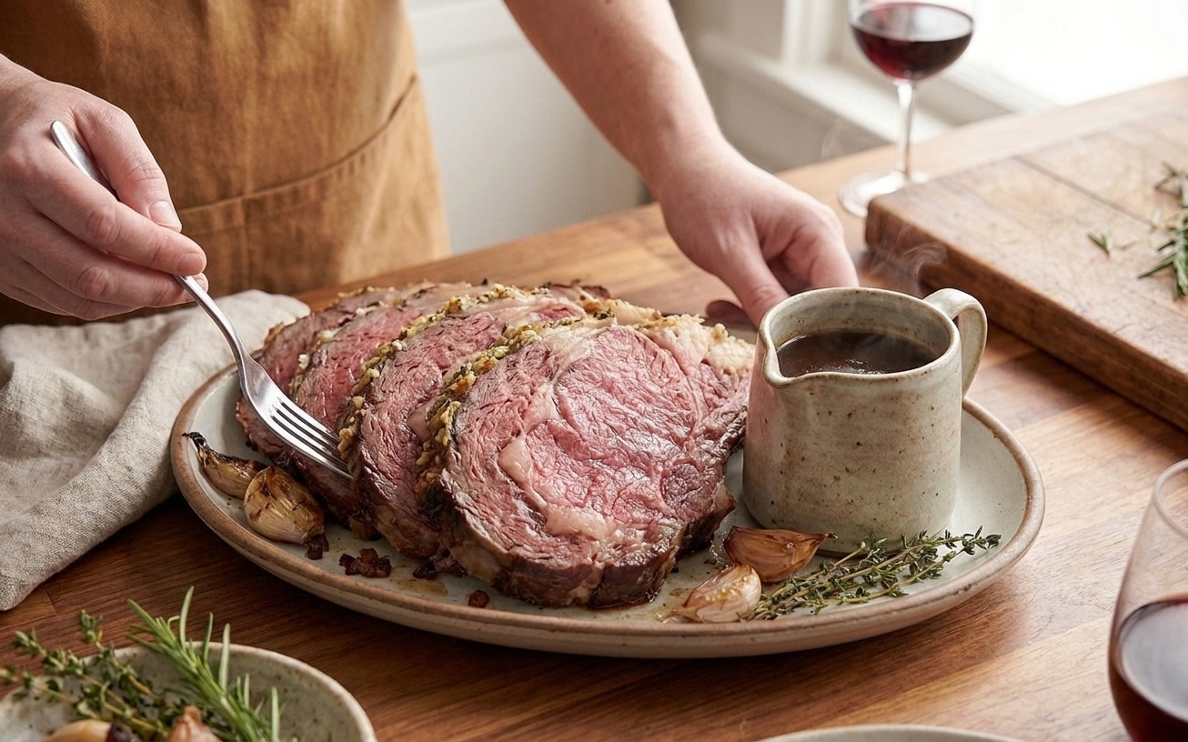 Slices of ribeye roast fanned on a serving platter with a browned herb crust and a small pitcher of jus nearby on a dining table in a warm home kitchen